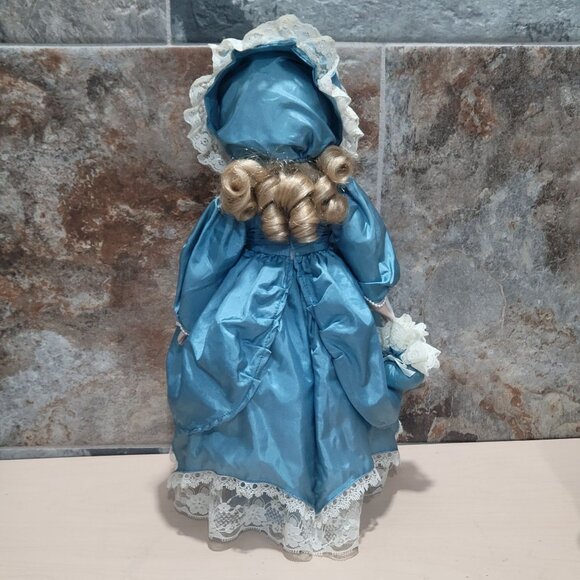 VTG Porcelain Doll Green Eyes Blue Satin Dress White Lace Trim Matching Bonnet - Picture 2 of 14